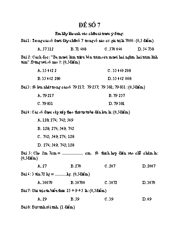 Đề thi giữa kì 1 Toán 4 - Đề số 7
