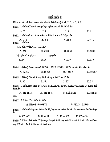 Đề thi giữa kì 1 Toán 4 - Đề số 8