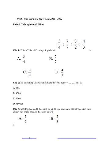 Đề thi giữa kì 2 Toán 4 - Đề số 2 - Năm học 2021-2022 (Có đáp án)