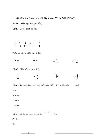 Đề thi giữa kì 2 Toán 4 - Đề số 3 - Năm học 2021-2022 (Có đáp án)
