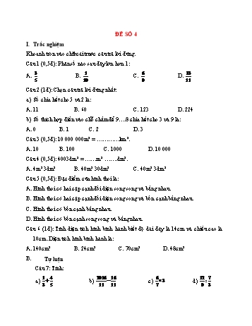 Đề thi giữa kì 2 Toán 4 - Đề số 4