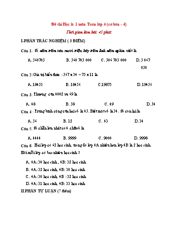 Đề thi học kì 1 môn Toán Lớp 4 (Cơ bản) - Đề 4