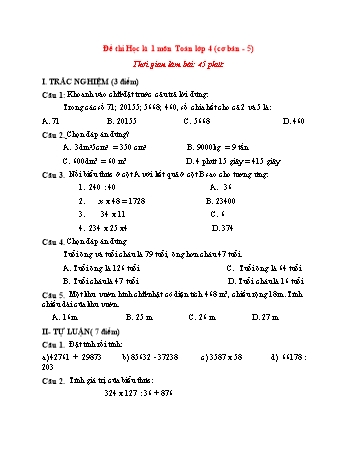 Đề thi học kì 1 môn Toán Lớp 4 (Cơ bản) - Đề 5