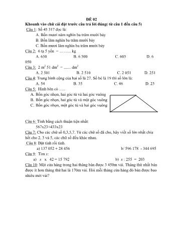 Đề thi học kì 1 Toán 4 - Đề 02 (Có đáp án)