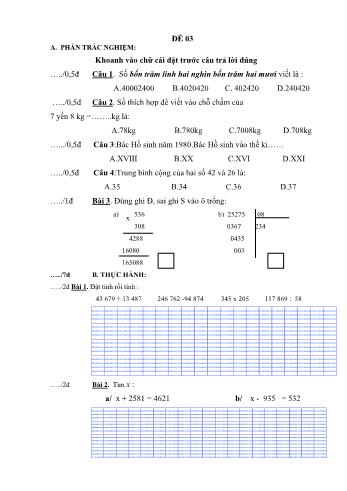 Đề thi học kì 1 Toán 4 - Đề 03 (Có đáp án)