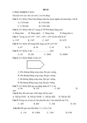 Đề thi học kì 1 Toán 4 - Đề 05 (Có đáp án)