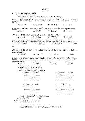 Đề thi học kì 1 Toán 4 - Đề 08 (Có đáp án)