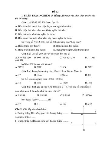 Đề thi học kì 1 Toán 4 - Đề 12 (Có đáp án)