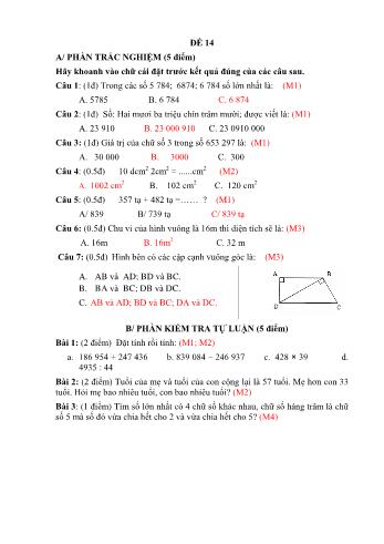 Đề thi học kì 1 Toán 4 - Đề 14 (Có đáp án)