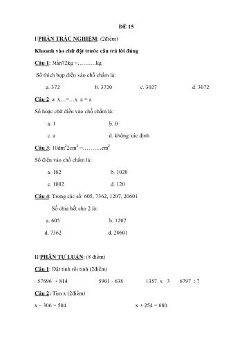 Đề thi học kì 1 Toán 4 - Đề 15 (Có đáp án)