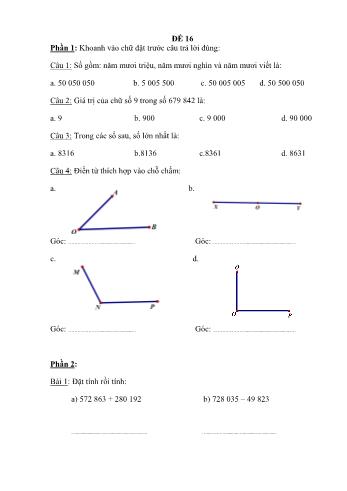 Đề thi học kì 1 Toán 4 - Đề 16 (Có đáp án)