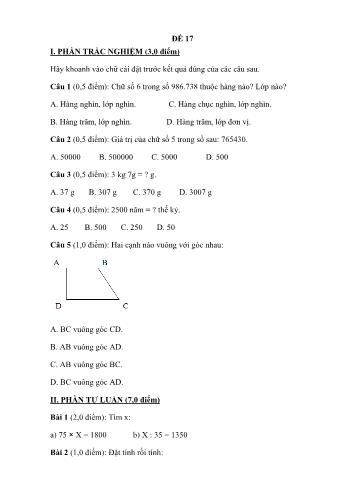 Đề thi học kì 1 Toán 4 - Đề 17 (Có đáp án)