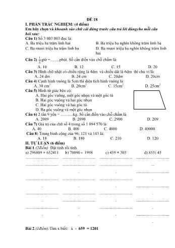 Đề thi học kì 1 Toán 4 - Đề 18 (Có đáp án)