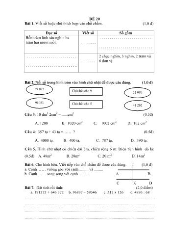 Đề thi học kì 1 Toán 4 - Đề 20 (Có đáp án)