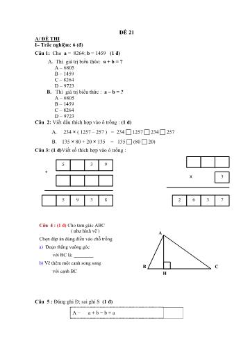 Đề thi học kì 1 Toán 4 - Đề 21 (Có đáp án)