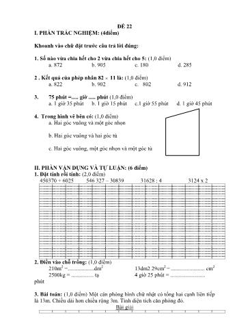 Đề thi học kì 1 Toán 4 - Đề 22 (Có đáp án)