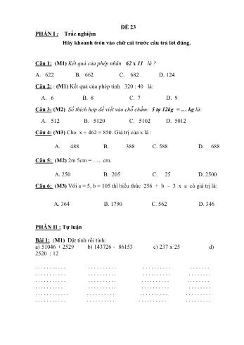 Đề thi học kì 1 Toán 4 - Đề 23 (Có đáp án)