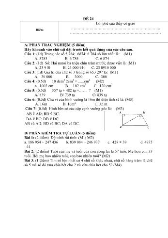 Đề thi học kì 1 Toán 4 - Đề 24 (Có đáp án)