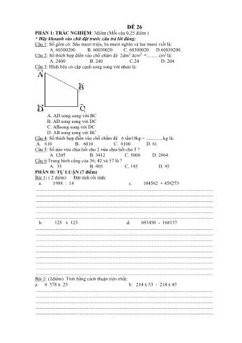 Đề thi học kì 1 Toán 4 - Đề 26 (Có đáp án)
