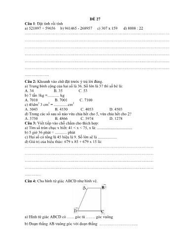 Đề thi học kì 1 Toán 4 - Đề 27 (Có đáp án)