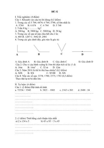 Đề thi học kì 1 Toán 4 - Đề 32 (Có đáp án)