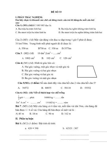 Đề thi học kì 1 Toán 4 - Đề 33 (Có đáp án)