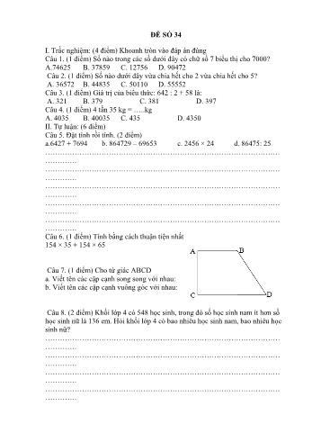 Đề thi học kì 1 Toán 4 - Đề 34 (Có đáp án)