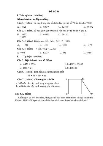 Đề thi học kì 1 Toán 4 - Đề 38 (Có đáp án)