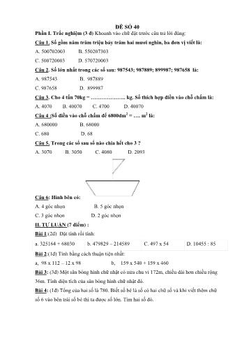 Đề thi học kì 1 Toán 4 - Đề 40 (Có đáp án)