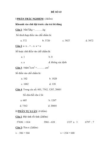 Đề thi học kì 1 Toán 4 - Đề 43 (Có đáp án)