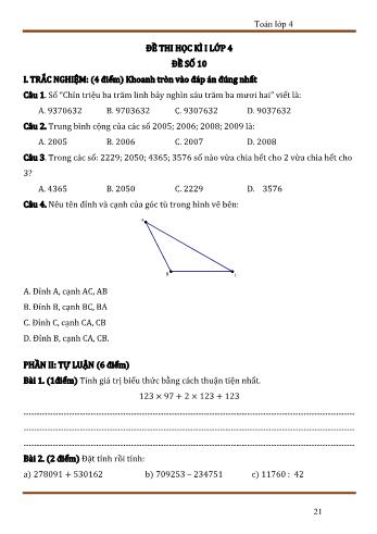 Đề thi học kì 1 Toán 4 - Đề số 10 (Có đáp án)