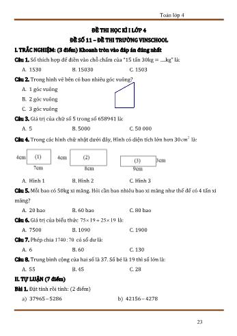 Đề thi học kì 1 Toán 4 - Đề số 11 - Trường Tiểu học Vinschool (Có đáp án)