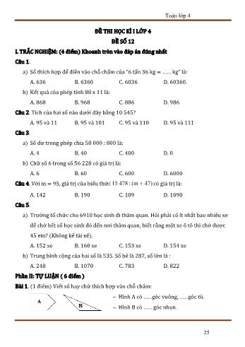Đề thi học kì 1 Toán 4 - Đề số 12 (Có đáp án)
