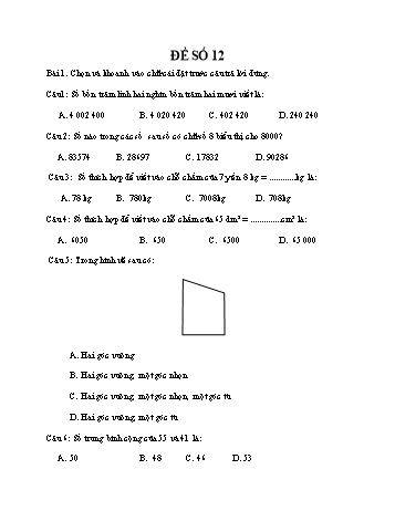 Đề thi học kì 1 Toán 4 - Đề số 12