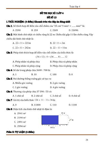 Đề thi học kì 1 Toán 4 - Đề số 13 (Có đáp án)