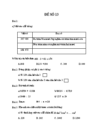 Đề thi học kì 1 Toán 4 - Đề số 13