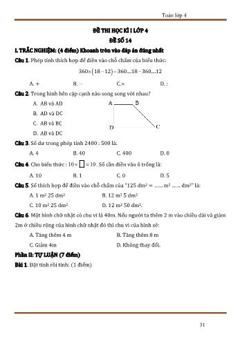 Đề thi học kì 1 Toán 4 - Đề số 14 (Có đáp án)