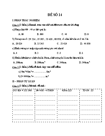 Đề thi học kì 1 Toán 4 - Đề số 14