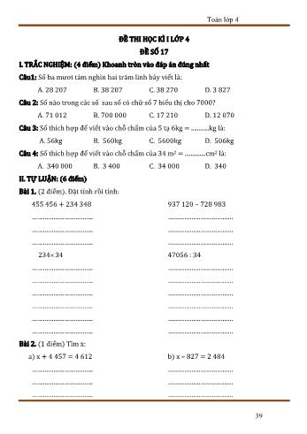 Đề thi học kì 1 Toán 4 - Đề số 17 (Có đáp án)