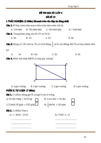 Đề thi học kì 1 Toán 4 - Đề số 19 (Có đáp án)