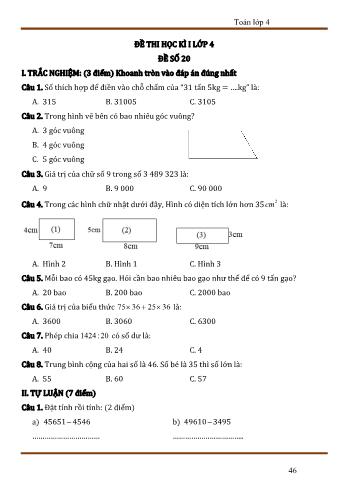 Đề thi học kì 1 Toán 4 - Đề số 20 (Có đáp án)