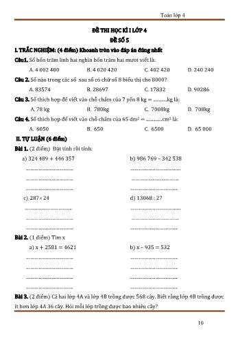 Đề thi học kì 1 Toán 4 - Đề số 5 (Có đáp án)