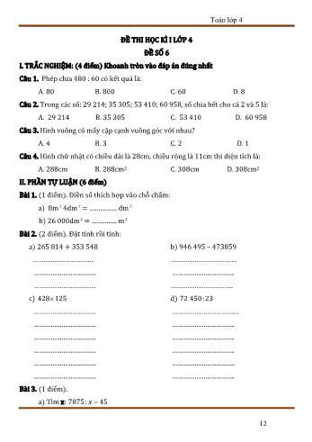 Đề thi học kì 1 Toán 4 - Đề số 6 (Có đáp án)