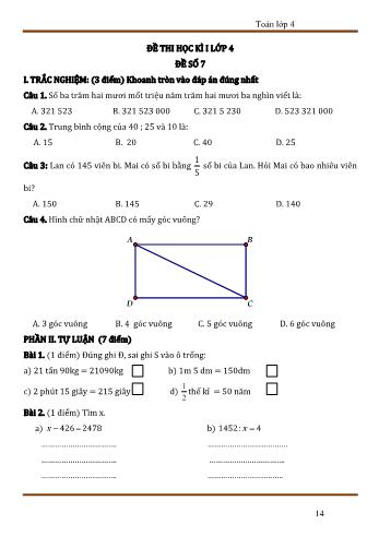 Đề thi học kì 1 Toán 4 - Đề số 7 (Có đáp án)