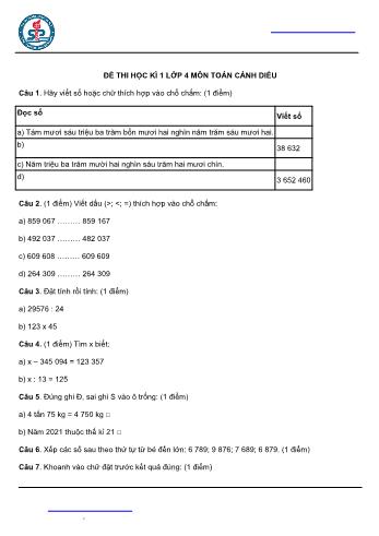 Đề thi học kì 1 Toán 4 (Sách Cánh diều)