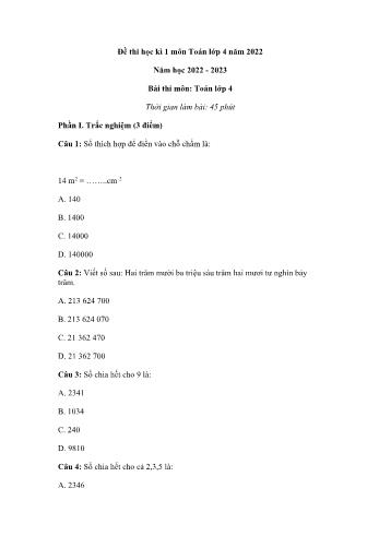 Đề thi học kì 1 Toán Lớp 4 - Năm học 2022-2023 (Có đáp án)