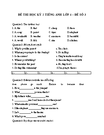 Đề thi học kì 2 Tiếng Anh 4 - Đề 3 (Có đáp án)
