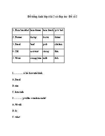 Đề thi học kì 2 Tiếng Anh 4 - Đề số 2 (Có đáp án)