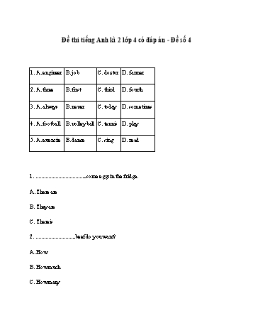 Đề thi học kì 2 Tiếng Anh 4 - Đề số 4 (Có đáp án)