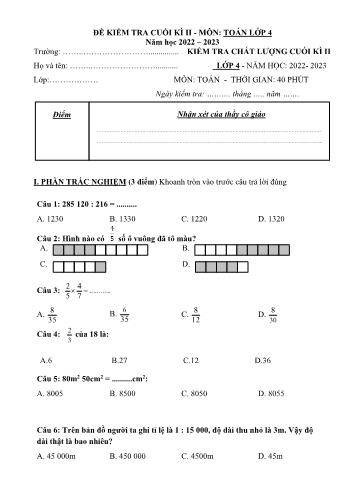 Kiểm tra chất lượng cuối kì 2 Toán Lớp 4 - Năm học 2022-2023 (Có hướng dẫn chấm)